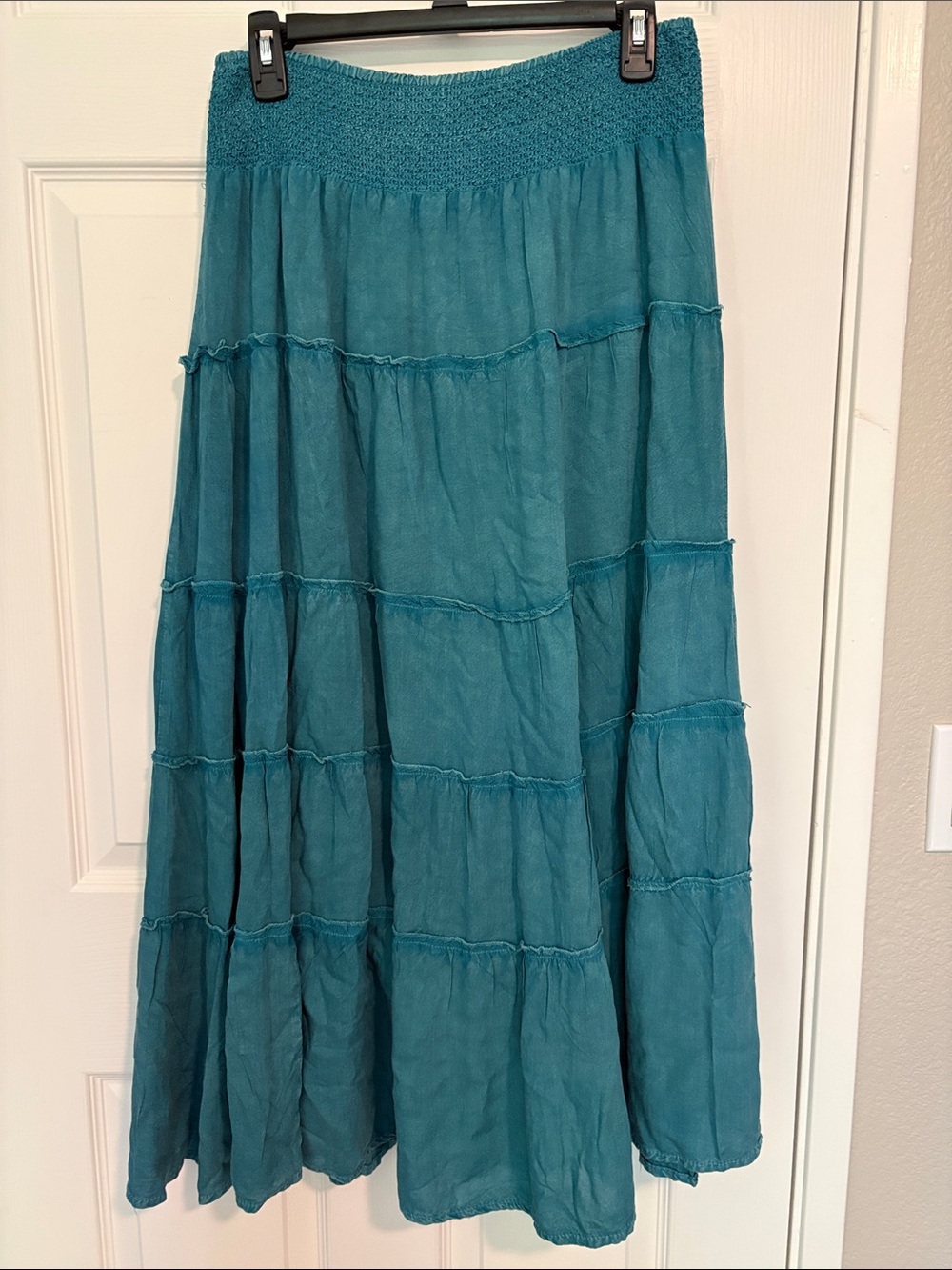 Smocked Waist Teal Tiered Maxi Skirt
